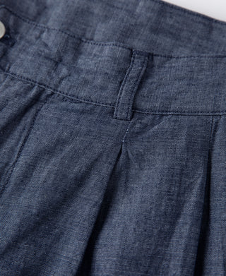 Indigo chambray pants front detailing with pleats and stitched fly seam
