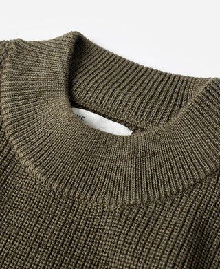 Olive crewneck wool sweater collar close-up with ribbed knit texture.