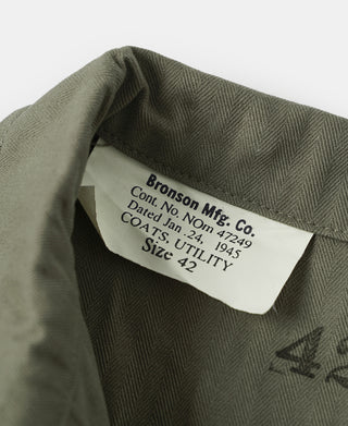 Olive jacket neck label: Branson Mfg. Co. cotton 1945, size 42