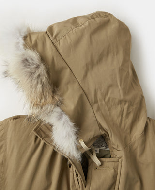 Khaki polar down parka hood and sleeve with faux fur trim at cuff