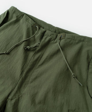 Olive trousers waist with drawcords, button closure, and stitched cargo pocket details