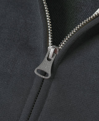Close-up of black hoodie metal zipper pull on full front zipper
