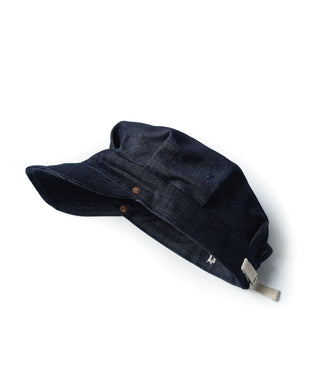 Indigo denim engineer cap with extended side brim and metal snaps