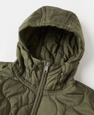 Olive hooded jacket with full-zip front, inner hood lining, and cord adjuster