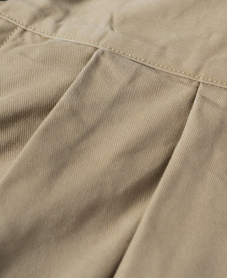 Khaki pants pleats and stitched panel detail on front
