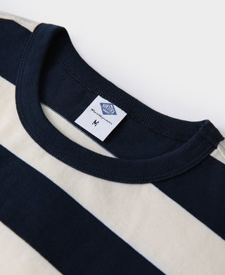 Heavyweight cotton t-shirt crew neck with woven size tag, navy and white stripes