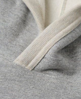 Gray hoodie cuff detail with off-white ribbed trim at the sleeve opening.