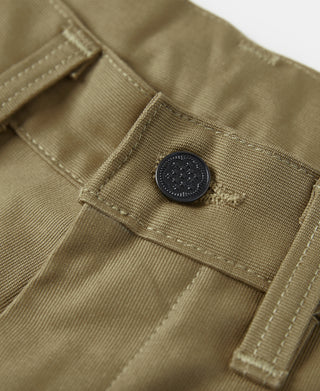 Khaki deck pants close-up of waistband button tab and pocket stitching