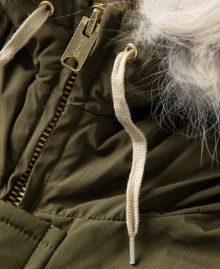 Olive parka close-up: drawstring cord, metal zipper, and insulated fabric paneling