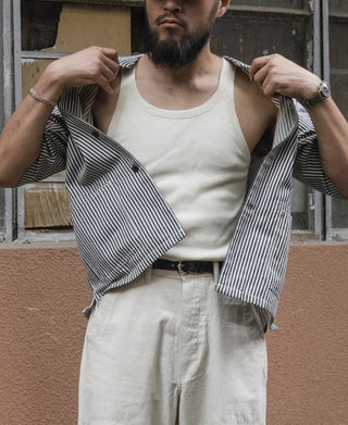 Men's light-cream cotton tank top, sleeveless with ribbed neckline and armholes