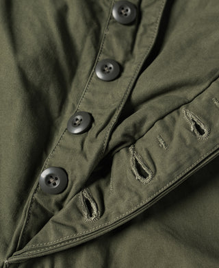 Olive fatigue pants front with four buttons and flap utility pocket