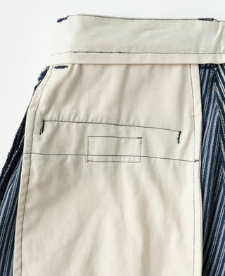 Cream striped work pants, back yoke and patch pocket with top-stitch lines