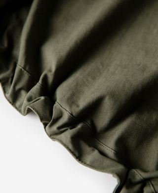 Olive parka sleeve cuff with gathered fabric and stitched seam detail.