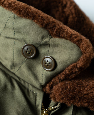 Olive jacket collar detail with two dark buttons and brown shearling trim