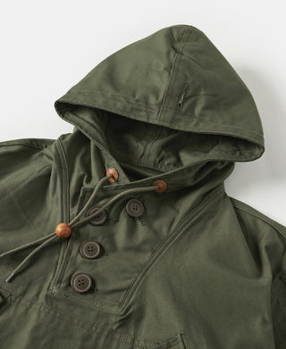Olive hooded field parka with drawcord and three-button front closure