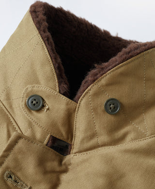 Khaki deck jacket cuff close-up with brown sherpa lining and dark buttons