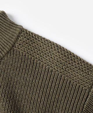 Olive wool sweater with textured knit and ribbed collar edge