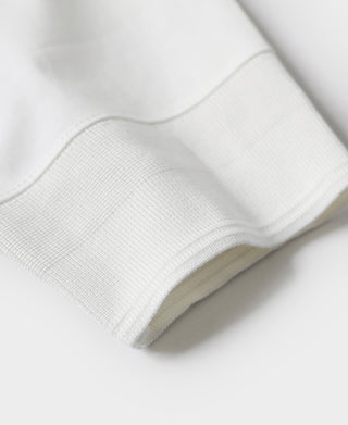 White henley t-shirt textured cuff hem with curved stitched edge