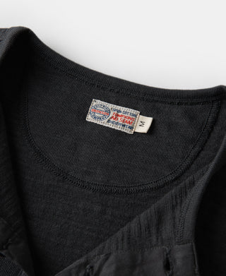 Loopwheel henley T-shirt in black with ribbed crew neck and stitched placket