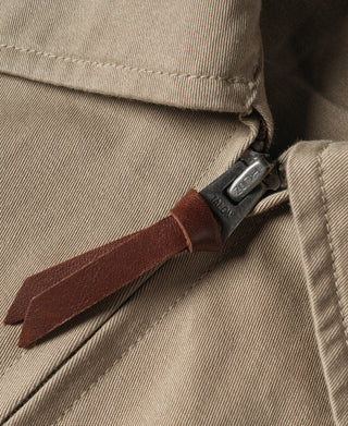 Khaki jacket close-up of zipper track and brown leather zipper pull