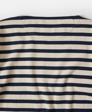 Apricot and navy striped long sleeve T-shirt back yoke and seam