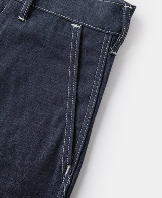 Indigo side seam detail on dungaree pants with stitched pocket edge
