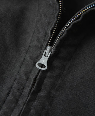 Black moleskin Cossack jacket front zipper with metal pull and double rows of teeth