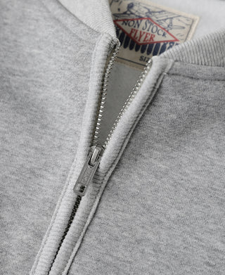 Gray half-zip fleece sweatshirt zipper close-up with metal pull tab