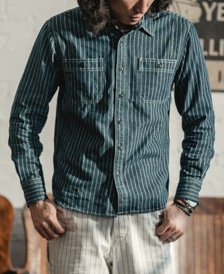 Indigo Wabash work shirt front view with button placket and flap chest pocket.