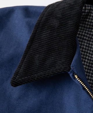 Close-up of black corduroy-style collar and blue jacket zipper edge