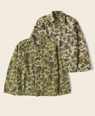 Duck hunter camo jacket with hood, snap front, and chest flap pockets.