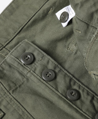 Olive utility fatigue pants with buttoned flap cargo pocket detail