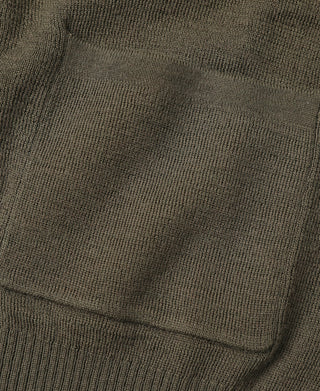 Close-up of olive knit fabric on sweater body