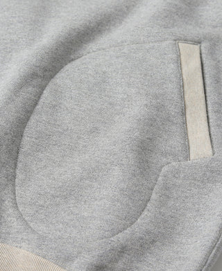 Gray kangaroo pocket detail with off-white trim stitching and curved pocket opening.