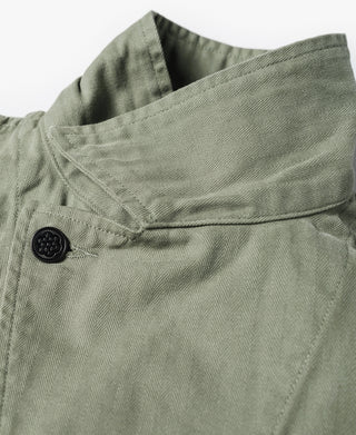 Olive fatigue jacket close-up of button placket and textured fabric