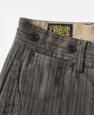 Dark gray pinstripe pants waistband with black buttons and brand patch