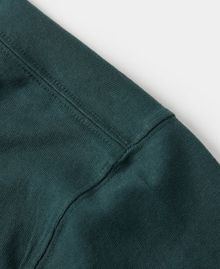 Dark green t-shirt sleeve seam and collar stitching detail