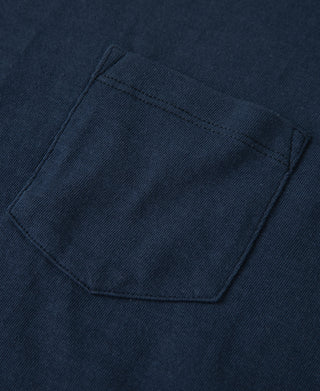 Indigo pocket detail on slub cotton T-shirt with stitched edges
