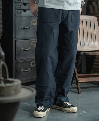 Navy deck pants with relaxed fit, cargo pockets, and cuffed hem with buttons.