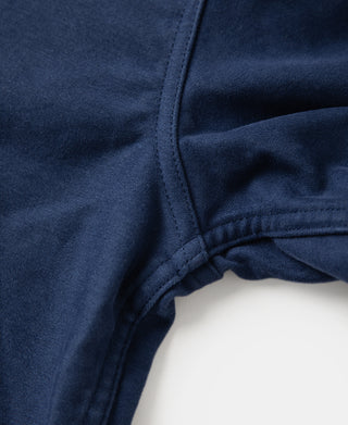 Blue moleskin Cossack jacket sleeve hem with elastic band and stitched seam