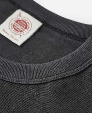 Dark gray cotton T-shirt crew neck with brand tag near collar