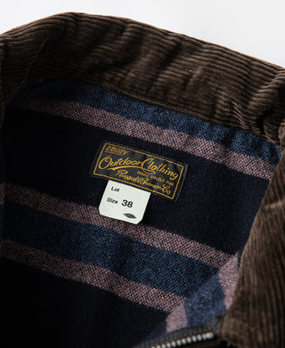 Brown corduroy cossack jacket interior label with striped collar lining