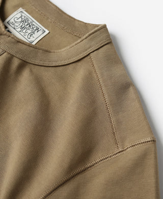 Khaki henley crew collar with ribbed trim and side seam detail