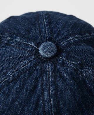 Indigo denim bucket hat top with round button and ridged crown