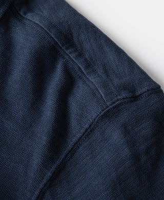 Indigo cotton T-shirt with tubular gusset seam detail, short sleeve