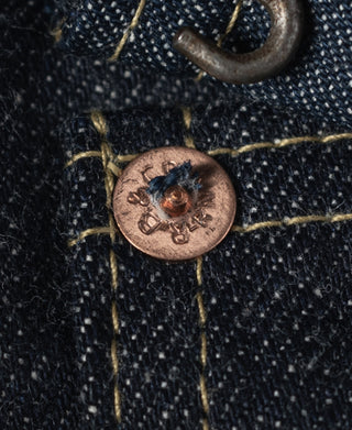 Indigo denim jacket copper-tone rivet with brand lettering