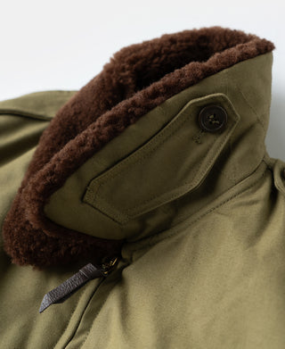 Khaki flight jacket shoulder close-up with brown shearling trim and side snap pocket.