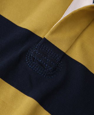 Navy button placket detail on a yellow and navy striped jersey rugby shirt