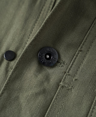 Olive jacket close-up of black buttons and textured HBT fabric