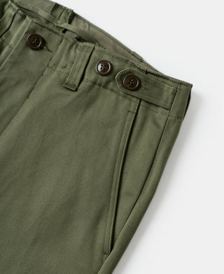 Olive waistband with button closure, belt loops, and front pleat seams.